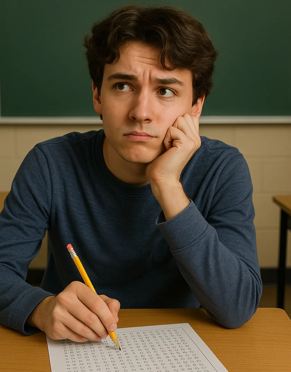 Student filling in an OMR bubble answer sheet during a standardized exam