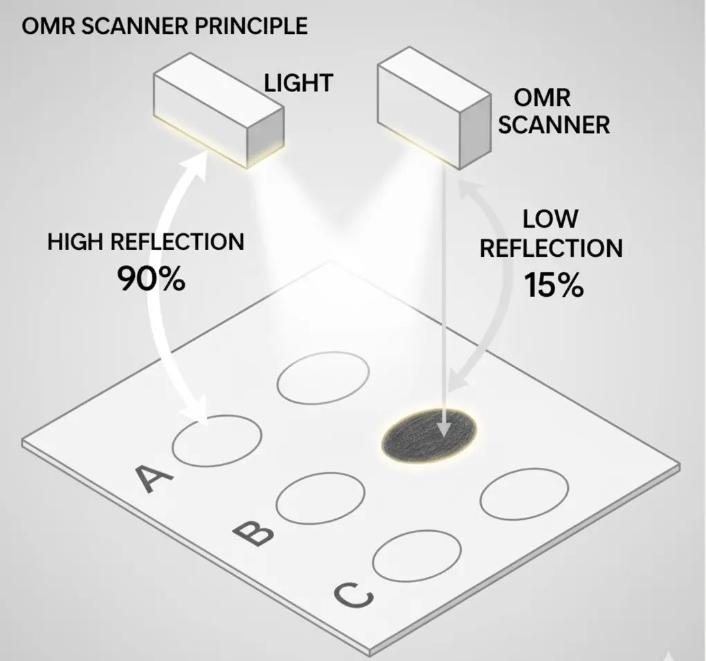 Diagram of a hardware OMR scanner: light beam reflects off unmarked paper and is absorbed by a pencil-filled bubble