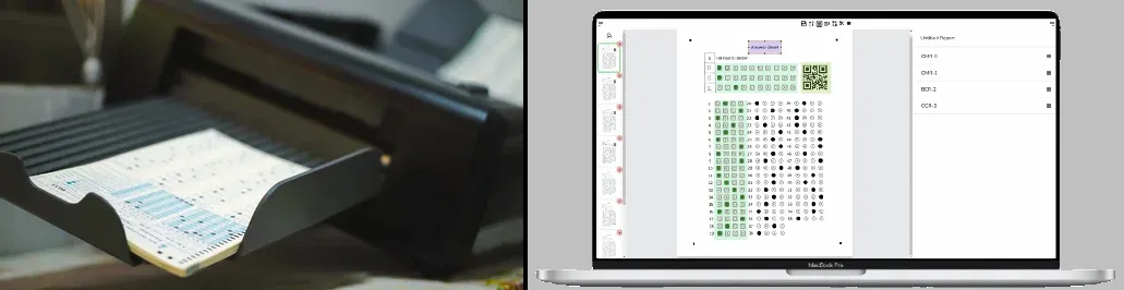 Side-by-side comparison of a Scantron-class hardware OMR scanner and a smartphone scanning the same sheet