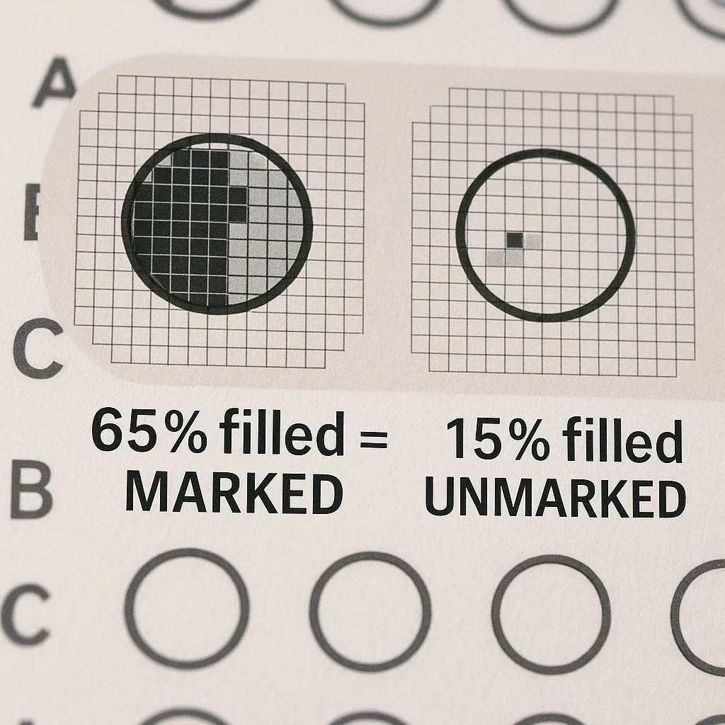 Software OMR counts dark pixels inside each bubble and compares them to a 30–40% threshold to decide if it is marked