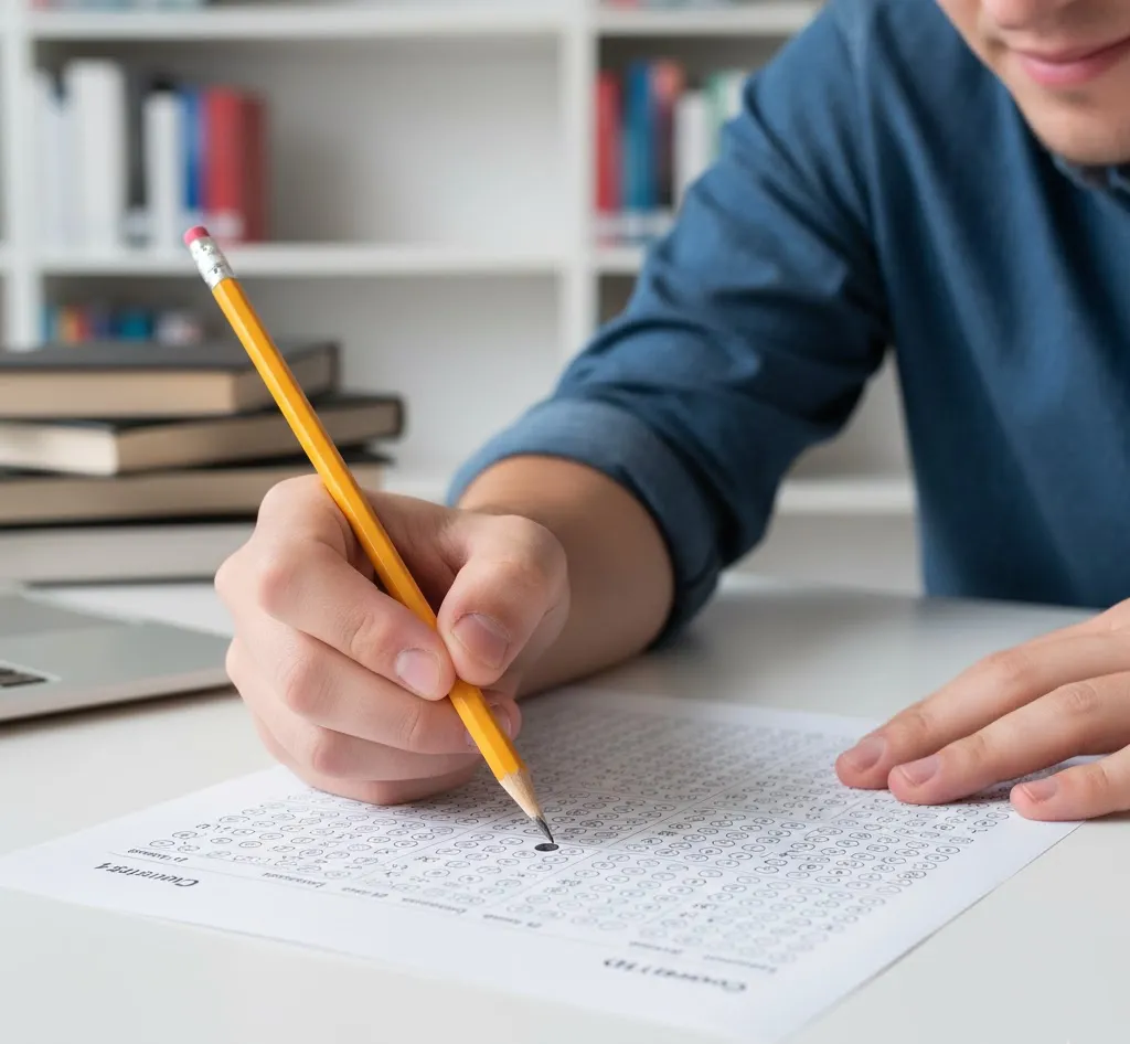 Student completely filling a single OMR bubble with a #2 pencil — the correct marking technique